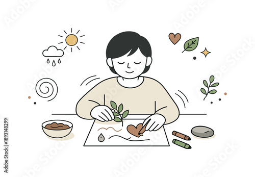 Nature-Inspired Art Therapy. Expressive art therapy inspired by nature. A single character shaping emotions with earth tones, leaves, and simple symbols on