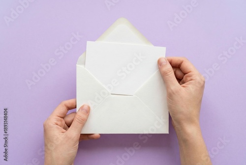 Hands holding a white card out of an open envelope on a purple background