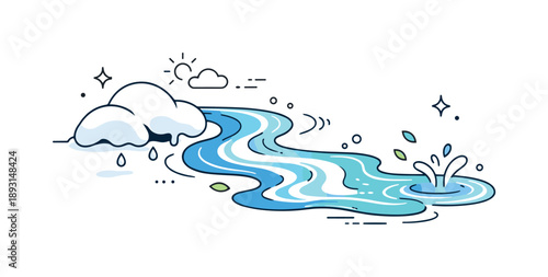 Melting Snow Dynamics. Melting snow illustration. Snow turning into flowing lines of water across the ground, with abstract motion accents. The illustration