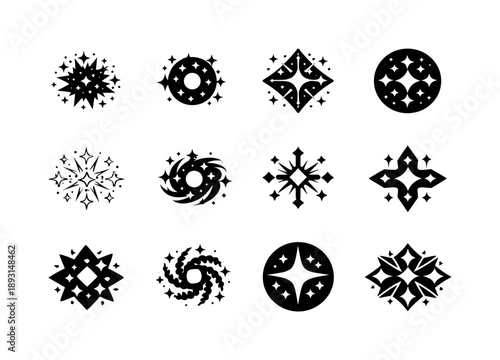 Star Clusters Icons. Star clusters. Icon set. Set Logo of Star clusters: galactic core with radiating stars. harmonious logo variations of the same emblematic