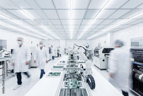 Workers in a clean room operating advanced robotics for electronics manufacturing