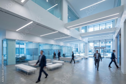 Modern office lobby with people walking and glass-enclosed meeting rooms