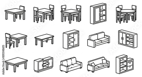 Collection of Isometric Furniture Icons in Black and White.