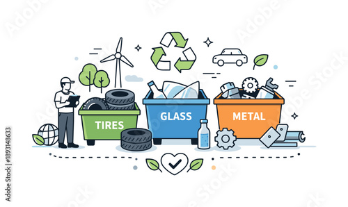 Recyclable Car Materials. Automotive waste reduction. Recyclable car materials like tires, glass, and metal are neatly collected and sorted. Order,