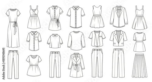 Collection of Hand Drawn Fashionable Clothing Outfits.