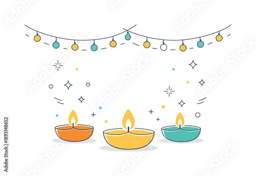 Diwali Lights Elegance. Minimal Diwali lights illustration. Simple arrangement of a few glowing diyas and string lights, abstract stars and floating dots