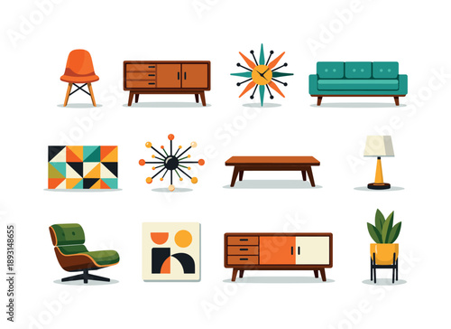 Mid-Century Modern Icons. Mid-Century Modern. Colorful flat vector icons set of Mid-Century Modern Design: Eames chair, teak sideboard, starburst clock,
