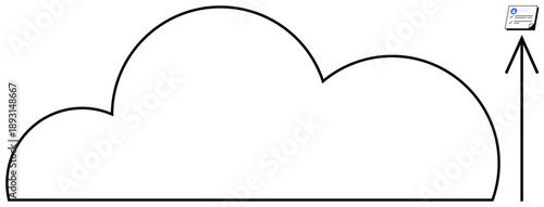 Cloud shape connected to an upward arrow, symbolizing data upload. File icon represents digital document transfer. Ideal for data sharing, cloud computing, technology, backup, storage, efficiency