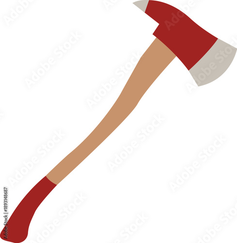 Flat style red fire axe vector illustration featuring a wooden handle and sharp metal blade isolated on white for firefighter equipment icons, emergency rescue graphics, and safety design elements.