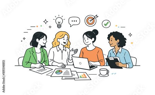 Women in Collaboration. Women in Business Collaboration. A small group of professional women discussing ideas around a table with documents and a laptop. The