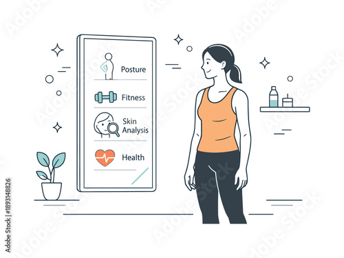 Smart Mirror Wellness. Smart mirrors and interactive home tech wellness. A calm editorial scene of a smart mirror displaying posture, fitness, or skin analysis