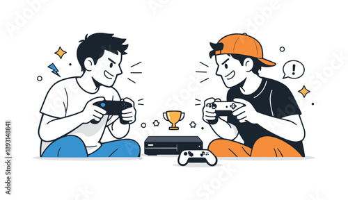 Friendly Gaming Rivals. Friends gaming console match. Two friends facing each other with gamepads, intense but playful expressions. Casual rivalry
