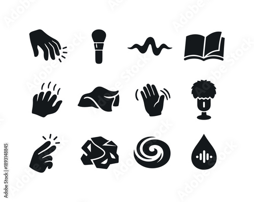 ASMR Icon Grid. ASMR triggers. Solid icon set of ASMR triggers: tapping fingers, brushing icon, soft whisper wave, page flip, gentle scratching, fabric rustle,