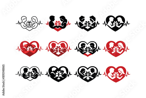 Gift Exchange Icons. happy couple exchanging thoughtful gifts. Icon set. Set Logo of happy couple exchanging thoughtful gifts: heart pulse around gift.