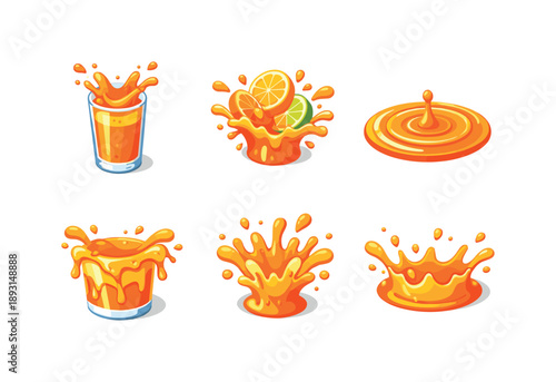 Vibrant Juice Icons. Fruit Juice. Isometric flat vector icons set of Fruit Juice: fresh juice splash in glass, citrus juice burst, juice surface ripple, splash