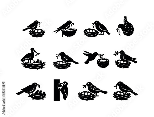 Bird Nest Building Icons. Birds building nests variety. Solid icon set of Birds building nests variety: songbird, swallow, robin, weaverbird, stork, sparrow,