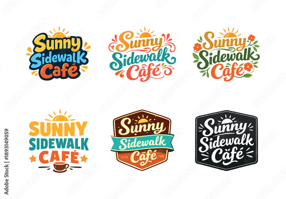 Fototapeta premium Creative Lettering Grid. Sunny sidewalk cafe. Set lettering. harmonious lettering variations of the same emblematic concept, each with different artistic