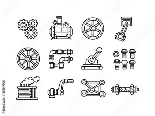Steampunk Icon Collection. Steampunk Machinery. Line icon set of Steampunk Machinery: gear assembly, steam engine boiler, pressure valve wheel, piston arm,