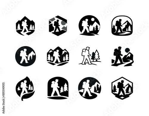 Nature Walk Icons. Outdoor activities and nature walks. Icon set. Set Logo of Outdoor activities and nature walks: backpacker silhouette in nature. harmonious