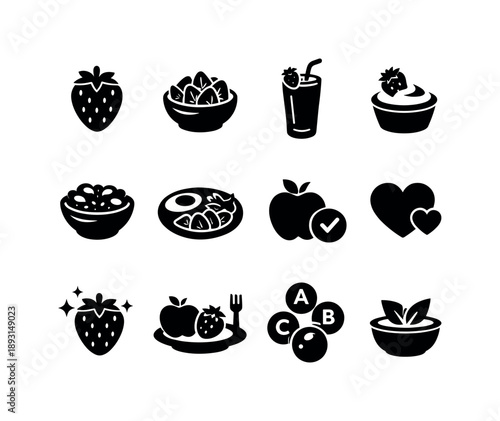 Strawberry Snack Icons. Healthy strawberry snack. Solid icon set of Healthy strawberry snack: fresh strawberry, sliced berries bowl, smoothie glass, yogurt