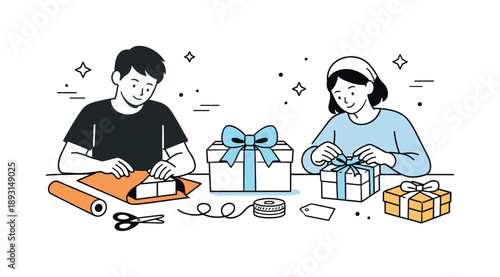 Festive Gift Wrapping. Wrapping presents together at home. People carefully folding wrapping paper and tying bows around gift boxes. Calm focus, shared