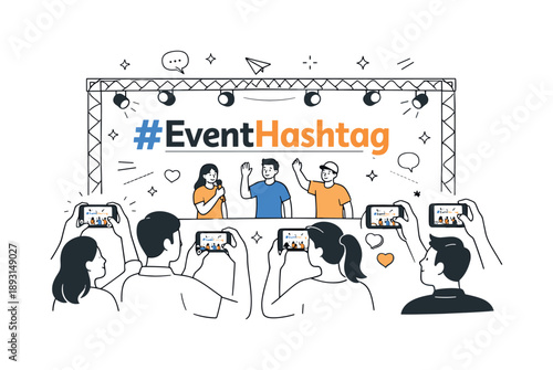 Hashtag Event Illustration. Branded event hashtags. Event banner and stage with hashtag text displayed clearly, phones capturing the moment. Clean editorial