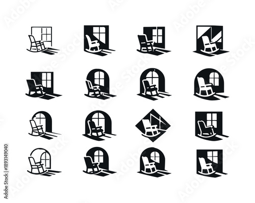 Rocking Chair Logos. Rocking chair by the window. Icon set. Set Logo of rocking chair by the window: rocking chair shadow cast by window. harmonious logo