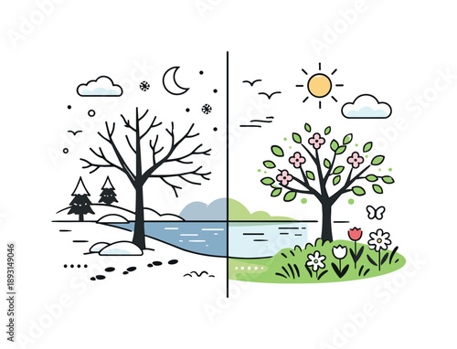 Split Season Harmony. Split season nature concept. A clean composition where one side feels quiet and wintry, while the other side feels warm and alive with