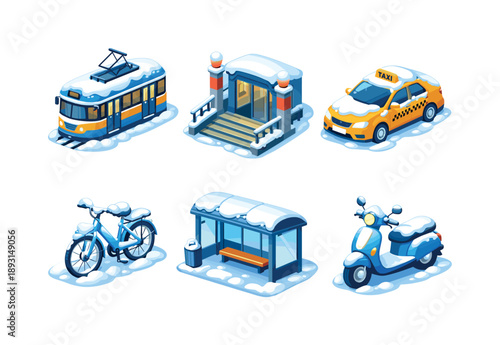 Isometric Winter Transport. Winter transport. Isometric flat vector icons set of winter transport: tram in snow, metro train entrance, taxi car winter, bicycle