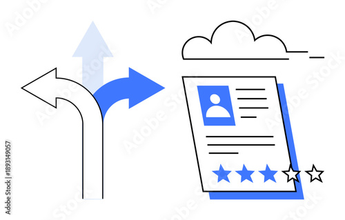 Resume with profile and five-star rating near three diverging arrows, showcasing choices. Ideal for career growth, decision making, recruitment, HR solutions, evaluation, opportunity, simple flat
