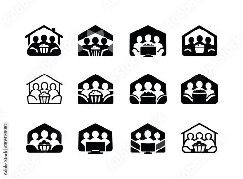 Cozy Movie Night Icons. Friends enjoying a cozy movie night at home with popcorn and blankets. Icon set. Set Logo of Friends enjoying a cozy movie night at
