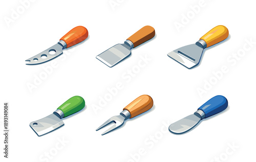 Cheese Tools Collection. Cheese Serving. Isometric flat vector icons set of Cheese Serving: cheese knife with holes, flat spatula knife, angled cheese cutter,