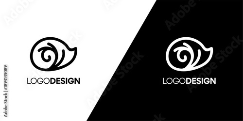 Abstract logo design featuring a stylized eye or snail silhouette with a spiral motif, presented in both black and white versions on contrasting backgrounds for versatile application