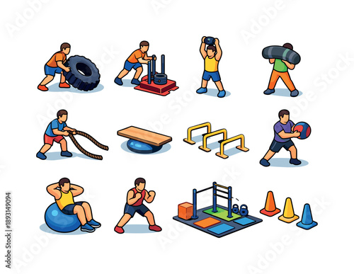 Functional Training Icons. Functional Training. Colorful isometric vector icons set of Functional Training: tire flips, sled push, kettlebell lift, sandbag