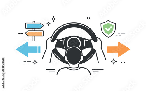 Minimalist Steering Wheel Design. Vehicle control concept. A simplified steering wheel shown as the main control interface of a car. The illustration