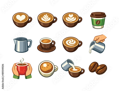 Latte Art Icons. Latte art. Colorful flat vector icons set of latte art: heart pour, leaf foam shape, tulip design, barista cup, milk pitcher, espresso crema,