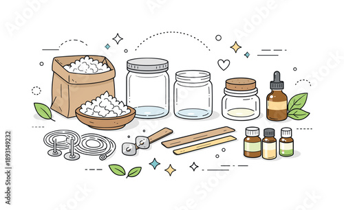 Eco-Friendly Candle Making. Soy wax candles. Natural ingredients like soy flakes, wicks, and jars laid out neatly, clean and organized workspace. Emphasis on