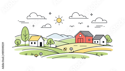 Early Spring Serenity. Early spring rural landscape. Simplified houses, rolling land and light clouds, quiet countryside mood expressing renewal and freshness