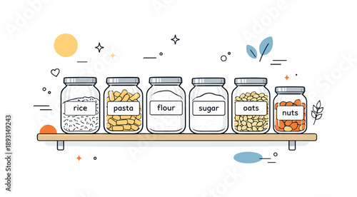 Organized Kitchen Jars. Kitchen storage jars. Clear glass jars neatly arranged on a shelf, filled with dry ingredients and labeled simply. Calm, organized