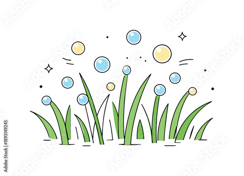 Morning Dew Abstract. June morning dew on grass. An abstract editorial scene with grass blades and floating dew circles symbolizing moisture and morning air.