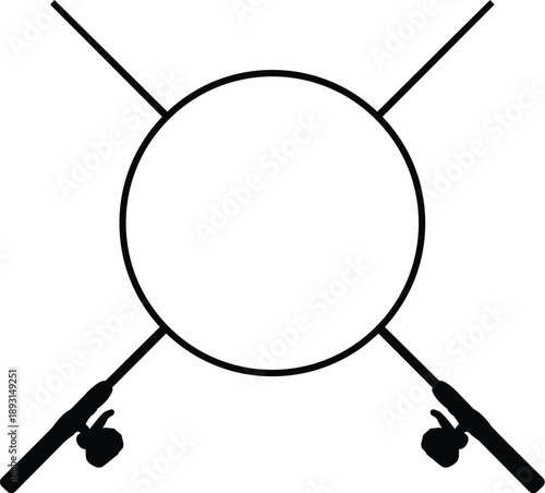 Crossed fishing rods vector frame featuring two black pole silhouettes forming an X behind a white circular copy space for angler club logos, bait shop branding, and outdoor sport badges.