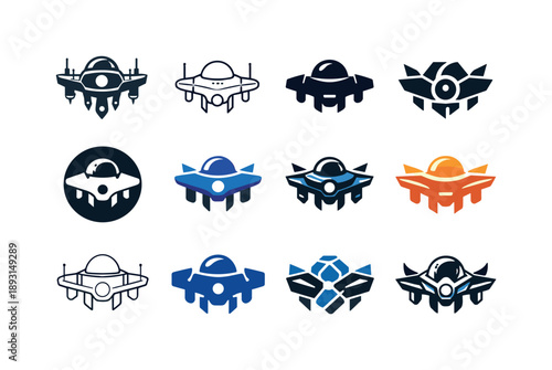 Intergalactic Logo Variations. Intergalactic travel. Icon set. Set Logo of Intergalactic travel: cosmic exploration drone. harmonious logo variations of the