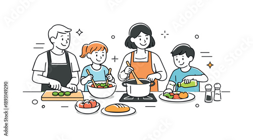 Family Cooking Together. Quality family time at home. Parents and kids prepare dinner together in the kitchen, sharing small tasks and smiles. Cooperation,
