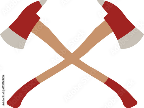 Crossed fire axes vector illustration featuring two red firefighter hatchets with wooden handles in an X shape isolated on white for fire department emblems, rescue badges, and safety signs.