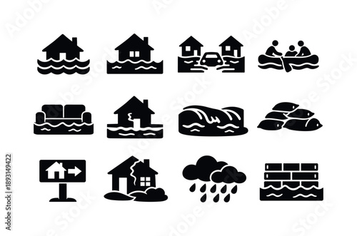 Flooded Homes Icons. Flooded Homes. Solid icon set of Flooded Homes: submerged house, rising water level, flooded street, emergency rescue boat, waterlogged