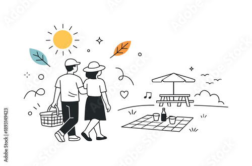 Picnic Stroll Bliss. Picnic stroll. A couple walking toward a picnic area carrying a basket, abstract sun and foliage shapes floating around. Calm, relaxed