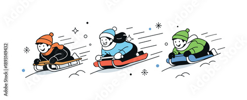 Snowy Sled Adventure. Snowy downhill ride. People leaning forward on sleds, enjoying speed and fresh air. Dynamic winter activity and joyful energy expressed