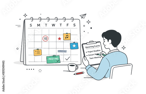 Organized Event Planner. Event calendar overview. A clean editorial scene showing a calendar page with marked dates, sticky notes, and a person reviewing