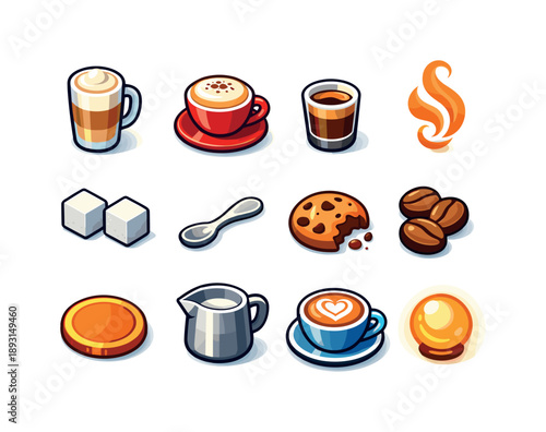Colorful Coffee Icons Grid. Coffee break. Colorful isometric vector icons set of coffee break: latte mug, cappuccino cup, espresso shot, steam swirl, sugar