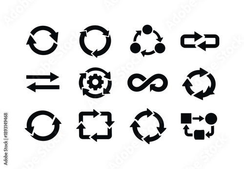 Feedback Loop Icons. Feedback Loop. Solid icon set of Feedback Loop: circular arrows system, cause effect loop, input output loop, closed feedback cycle,